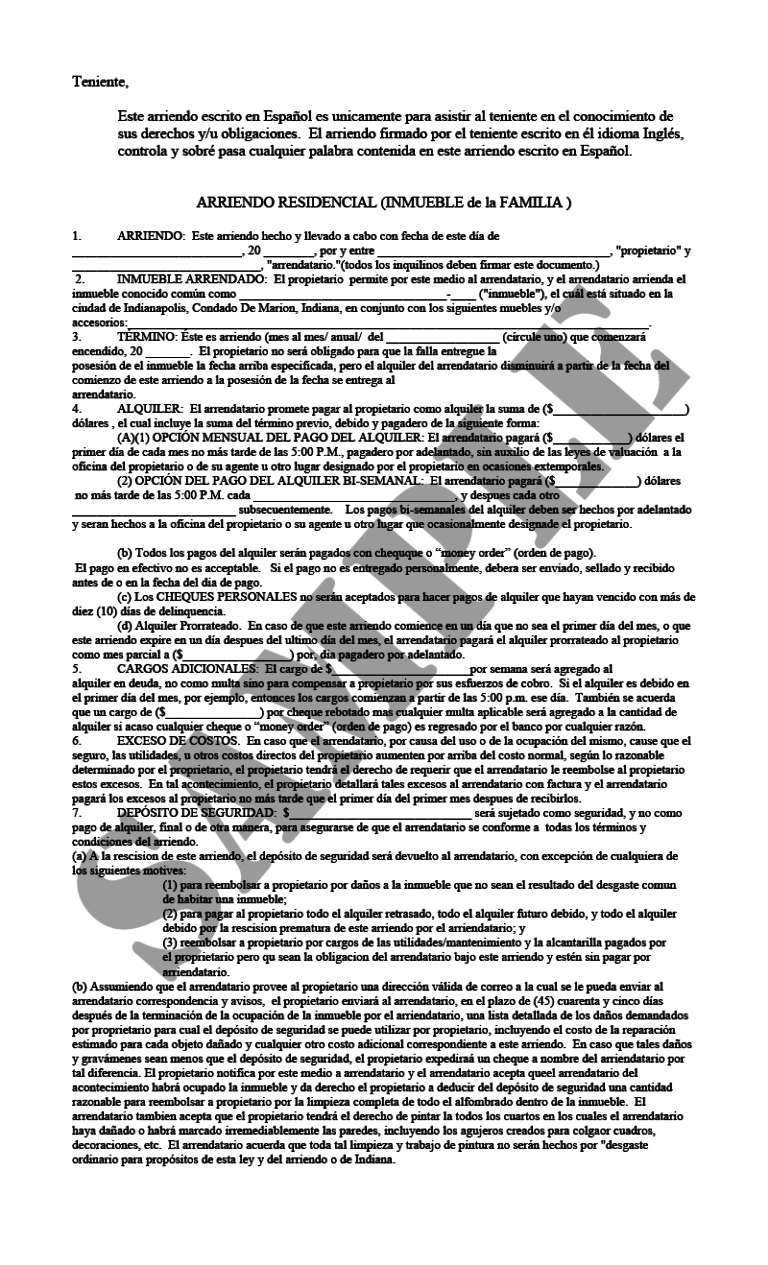 Residential Lease Agreement (Spanish)Indiana Legal Forms